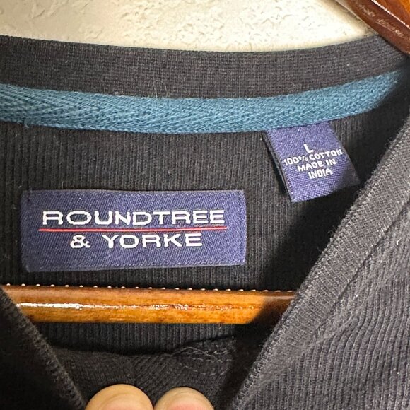 VTG Roundtree & Yorke Sweater Men L Striped Embroidered Black Blue Fall Cozy - Picture 3 of 9